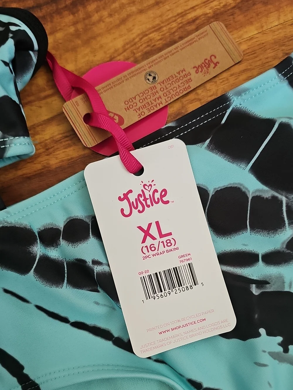 Justice Aqua and Black Tie-Dye 2PC Swim Set Size XL 16-18 NWT